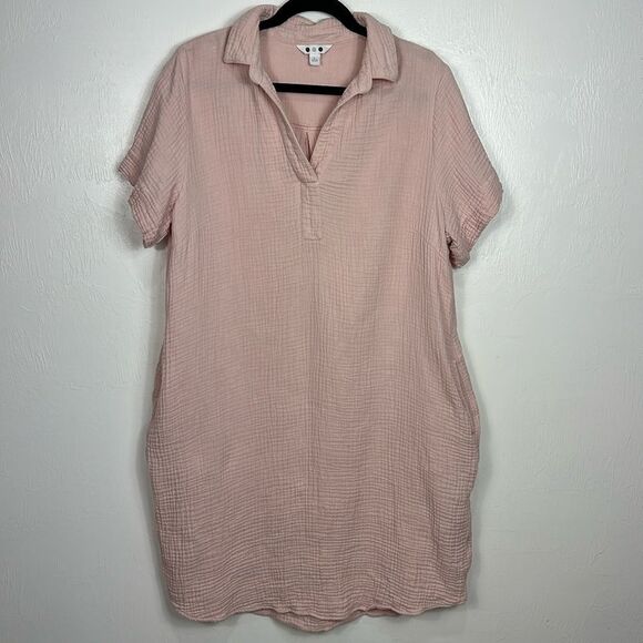THREE DOTS Casual Soft Pink Double Gauze Shirt Dress With Pockets Size L - Picture 2 of 8
